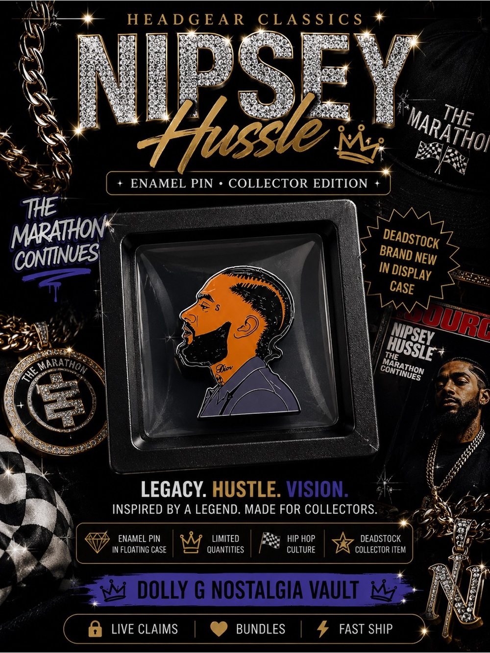 Deadstock Nipsey Hussle Headgear Enamel Pin Y2K Hip Hop Collectible